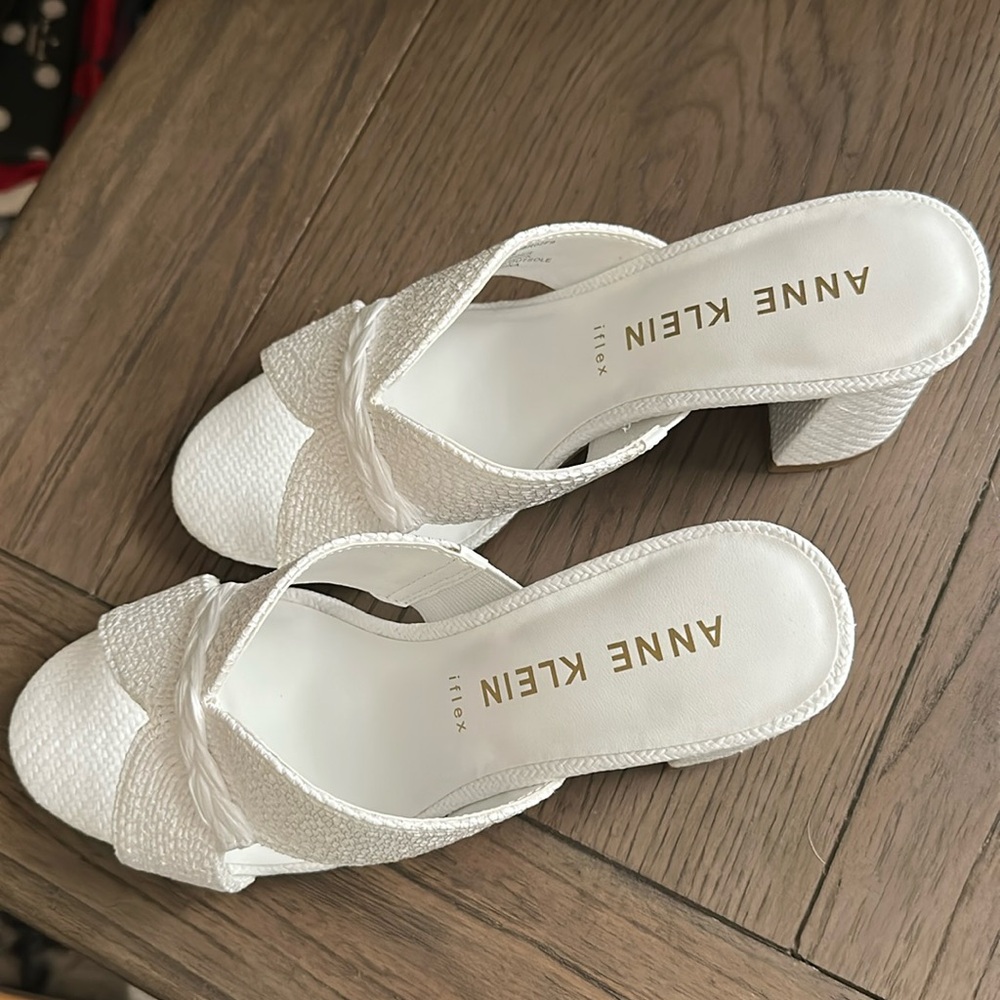 Anne Klein Aubrie white raffia slide sandal with white raffia taller block heel